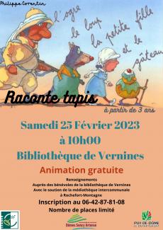Affiche qui représente un ogre un loup une petite fille et un gâteau